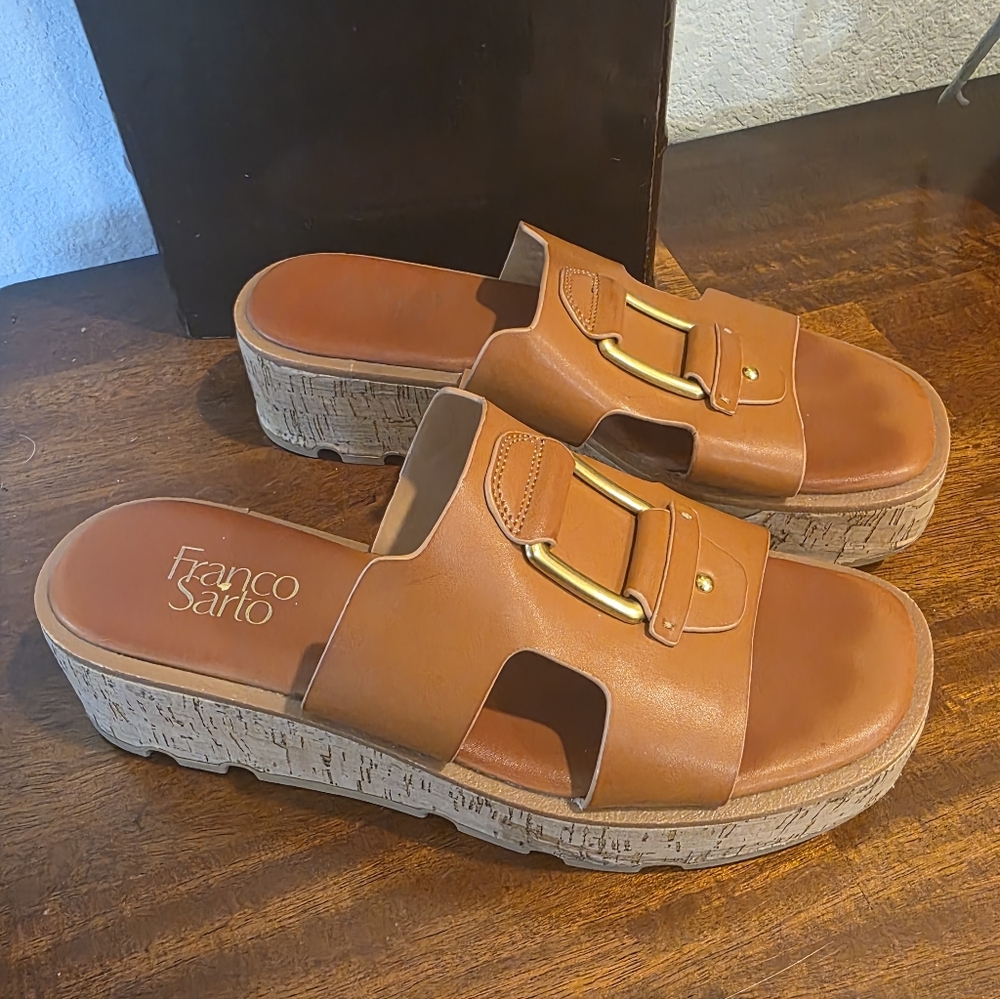 Franco Sarto Cognac Tan Cork-Platform Slip-On Mules Size 10M